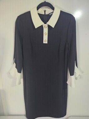 Karl Lagerfeld Black Dress with White Collar and Cuff Detail, Size 10